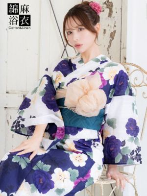 [浴衣 選べる帯] 綿麻 白地に3色花柄 3...