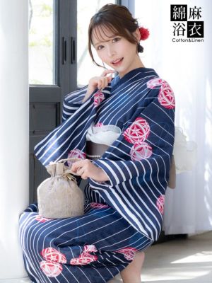[SALE] [浴衣 選べる帯] 綿麻 紺地に白ストライプ 鞠デザイン 大人綺麗 3点セット 伊藤舞雪着用 (ゆかた・平帯or作り帯・下駄)