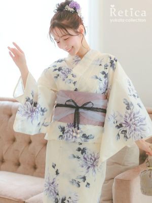 [浴衣 選べる帯]上品クリームに薄紫菊 大人...