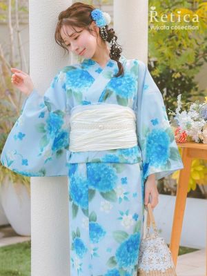 [浴衣] ピュアブルーに水彩紫陽花×菖蒲 大...
