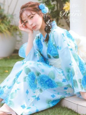 [SALE] [浴衣] ピュアブルーに水彩紫陽花×菖蒲 大人清楚 3点セット (ゆかた・兵児帯・下駄)