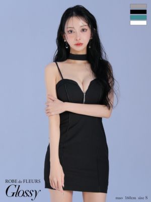 [ROBEdeFLEURSGlossy/ローブドフルールグロッシー] 高級 ボウタイチョーカー付き キャミソール ハートカット ジップ シンプル ワンカラー タイトミニドレス
