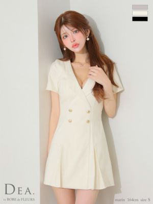 予約商品【5月下旬入荷予定】[DEA.byROBEdeFLEURS/ディアバイローブドフルール] 高級 襟デザイン Vネック 谷間魅せ 半袖 ダブルボタン プリーツ シンプル フレアミニドレス