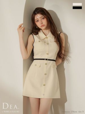 予約商品【6月下旬入荷予定】[DEA.byROBEdeFLEURS/ディアバイローブドフルール] 高級 襟デザイン ノースリーブ パイピング ウエストベルト ゴールドボタン フレアミニドレス