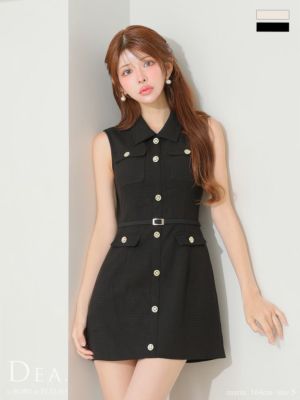 予約商品【6月下旬入荷予定】[DEA.byROBEdeFLEURS/ディアバイローブドフルール] 高級 襟デザイン ノースリーブ パイピング ウエストベルト ゴールドボタン フレアミニドレス