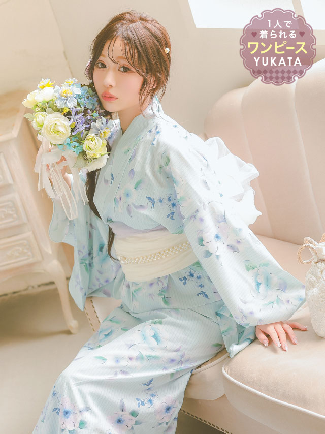 ワンピース浴衣 レディース 浴衣 簡単 一人で着れる ゆかた ワンピ 兵児帯 セット