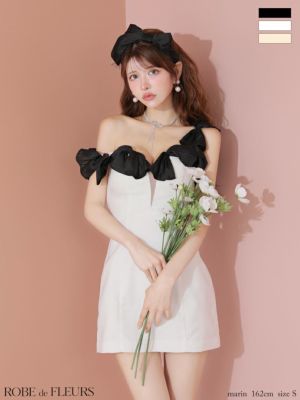 [ROBEdeFLEURS/ローブドフルール] 高級 リボン ワンショルダー  バストシースルー タイトミニドレス