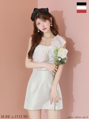 予約商品【6月上旬入荷予定】[ROBEdeFLEURS/ローブドフルール] 高級 ビッグリボン ビジュー ワンショルダー セットアップ タイトミニドレス
