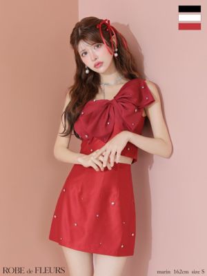 予約商品【6月上旬入荷予定】[ROBEdeFLEURS/ローブドフルール] 高級 ビッグリボン ビジュー ワンショルダー セットアップ タイトミニドレス