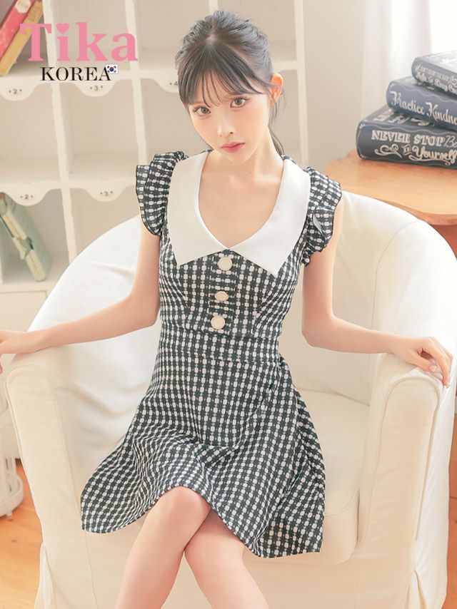 キャバドレス 韓国 ミニ丈 大きいサイズ フレア ワンピース 千鳥格子 ミニドレス