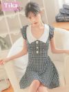 キャバドレス 韓国 ミニ丈 大きいサイズ フレア ワンピース 千鳥格子 ミニドレス