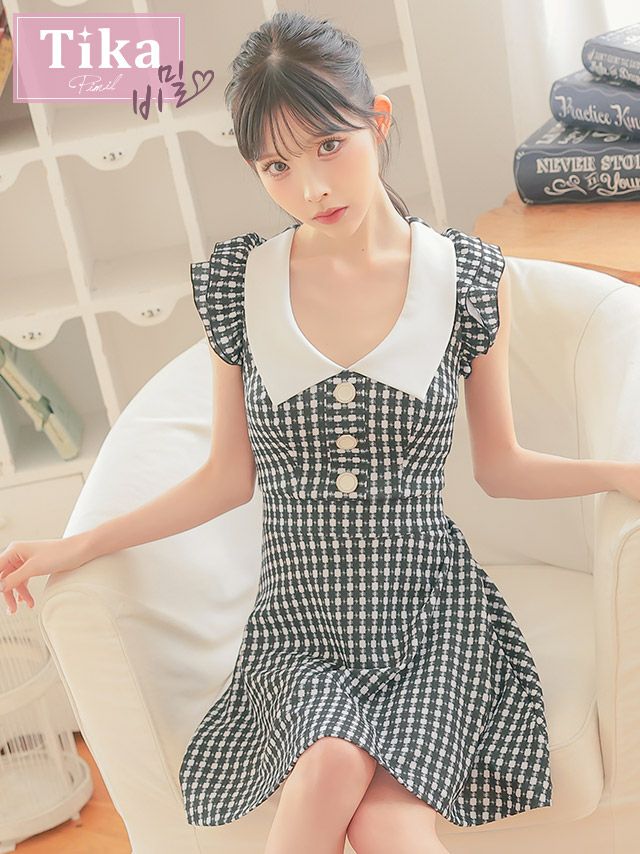 [韓国ドレス]  襟付き ノースリーブ フリル袖 千鳥格子柄 フレアミニドレス (Sサイズ～Lサイズ) (緩苺/キャバドレス着用) [TikaPimil]