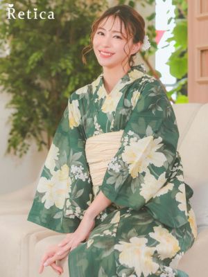 [浴衣] アンティークグリーンに淡めイエロー...