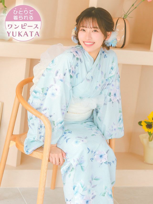 ワンピース浴衣 ゆかた 簡単 一人で着れる 浴衣ワンピ ブルー 兵児帯 セット 2Way