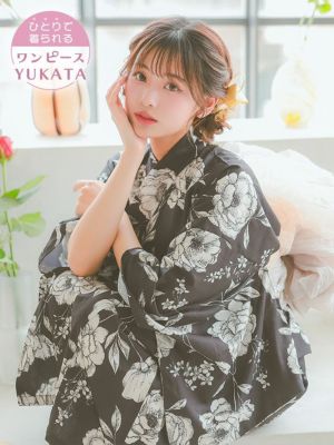 [ワンピース浴衣] 黒地 ヴィンテージフラワ...