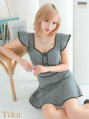 ノースリーブ フリル袖 ツイード パイピング...
