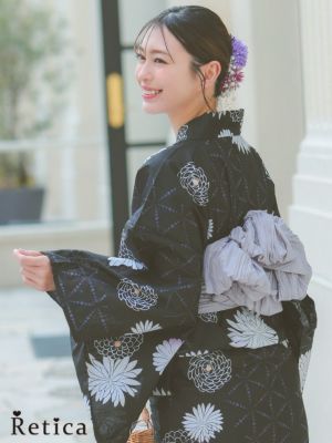 [浴衣] クールブラックに白黒菊 レトロ 3...