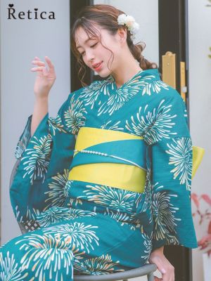 [浴衣 選べる帯] 上品青緑に鮮やか花火 3...