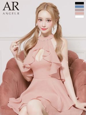 [Angel-R/エンジェルアール] 高級 2way パール ビジュー ホルターネック フリル フェミニン フレアミニドレス
