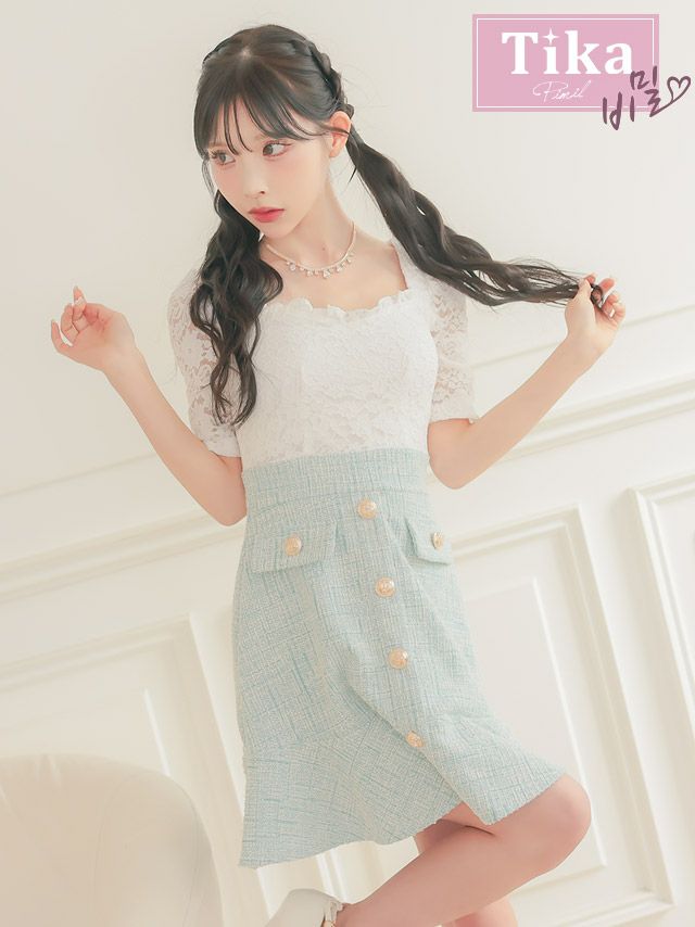 キャバドレス myMinette マイミネット ワンカラー 肩あき オフショルダー リボン ワッフル フレア ミニドレス