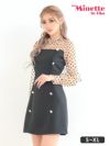 キャバドレス myMinette マイミネット シアー パフスリーブ 長袖 ドット柄 フリルハイネック バスト切替 ダブルボタン フレアミニドレス