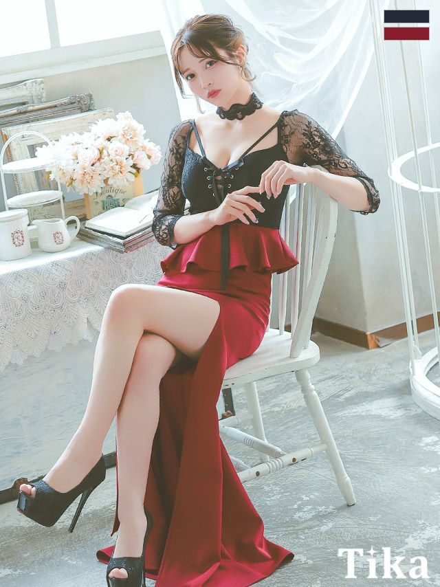 キャバドレス ロング丈 大きいサイズ タイト 袖あり ペプラム ロングドレス 体型カバー