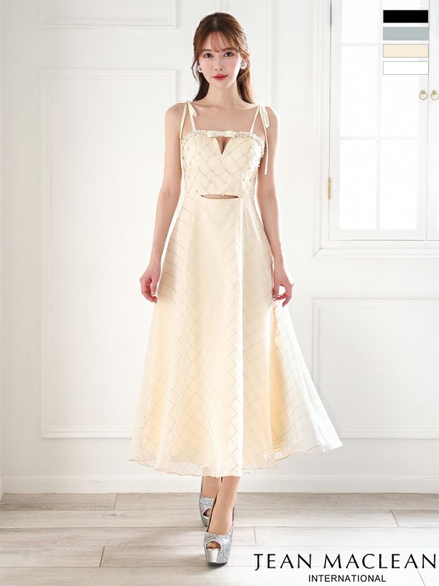 キャバドレス ロングドレス JEANMACLEAN ジャンマクレーン高級 ショルダーリボン キャミソール ウエストカット ビジュー パール リボン チェック柄 レース バストカット Aラインロングドレス