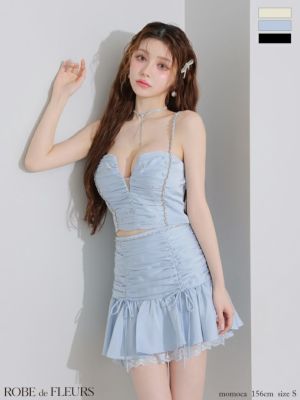[ROBEdeFLEURS/ローブドフルール] 高級 キャミソール ビジュー サテン バストシースルー ギャザー セットアップ 裾フリル レース フレアミニドレス