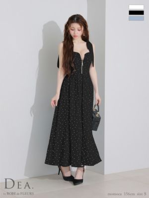 予約商品【6月下旬入荷予定】[DEA.byROBEdeFLEURS/ディアバイローブドフルール] 高級 ドット柄 キャミソール ショルダーリボン バストジップ Aラインロングドレス