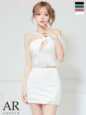 予約商品【7月下旬入荷予定】[Angel-R/エンジェルアール] 高級 ワンショルダー ビックリボン バストカット ビジュー セットアップ タイトミニドレス