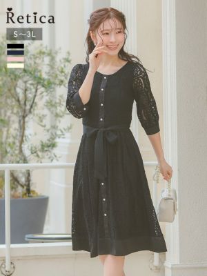 フラワーレース7部袖カジュアルサテンリボン膝...