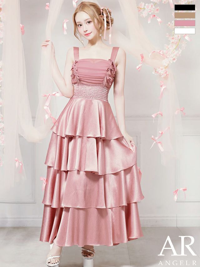 キャバドレス ロングドレス Angel-R エンジェルアール　高級 ノースリーブ バストリボン フリルスカート ウエストシャーリング ガーリー Aラインロングドレス