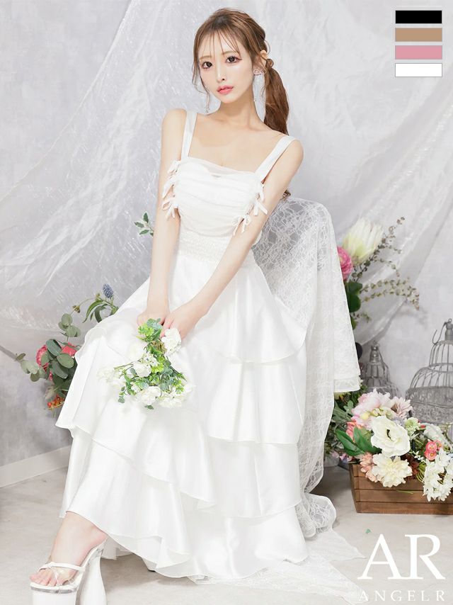 キャバドレス ロングドレス Angel-R エンジェルアール 高級 ノースリーブ バストリボン フリルスカート ウエストシャーリング ガーリー Aラインロングドレス