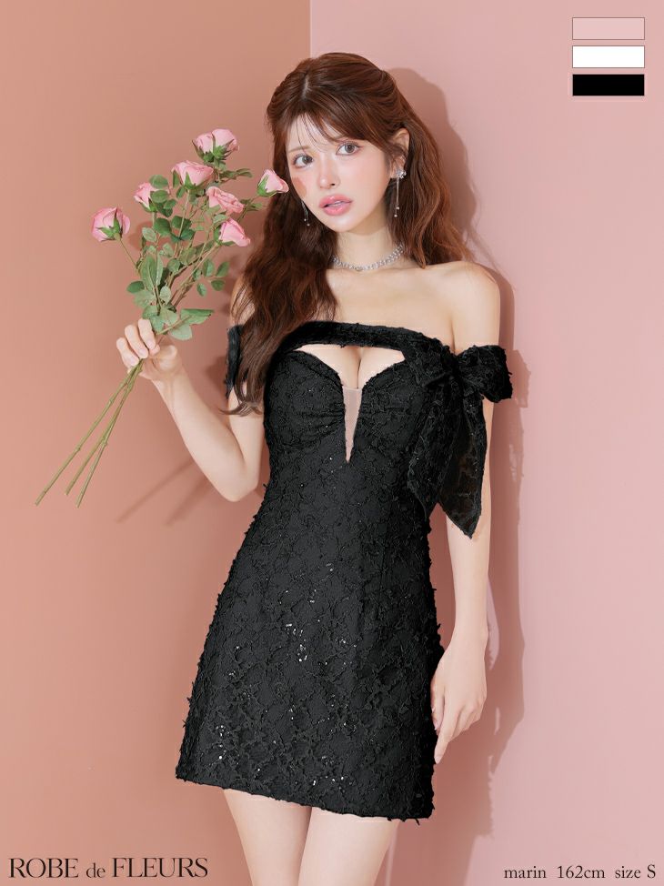 予約商品【6月中旬入荷予定】[ROBEdeFLEURS/ローブドフルール] 高級 オフショルダー バストカット リボン 総レース フレアミニドレス
