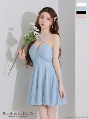 予約商品【6月中旬入荷予定】[ROBEdeFLEURS/ローブドフルール] 高級 ラメニット ビジュー ホルターネック フロントジップ フレアミニドレス