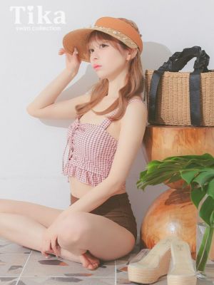 水着 ガーリーチェック ビスチェ レースアッ...