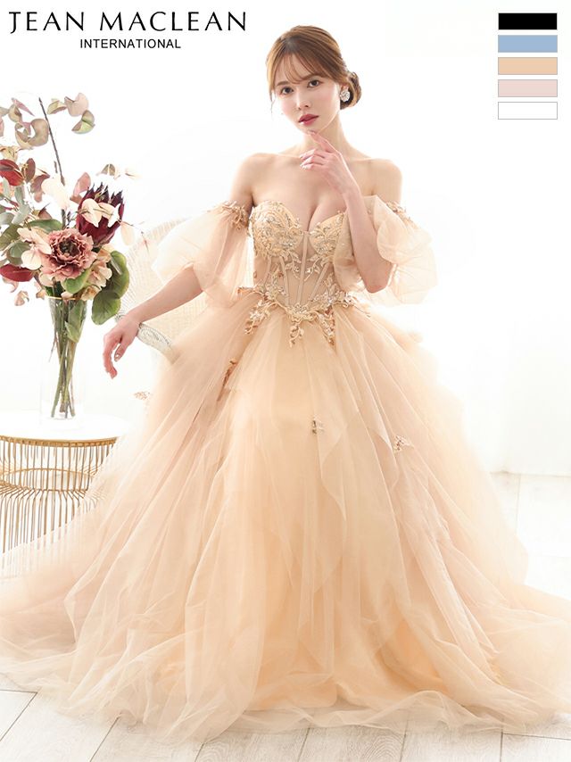 予約商品【8月中旬入荷予定】[JEANMACLEAN/ジャンマクレーン] 高級 パフスリーブ付き ベア コルセット風デザイン ゴージャス刺繍 Aラインロングドレス