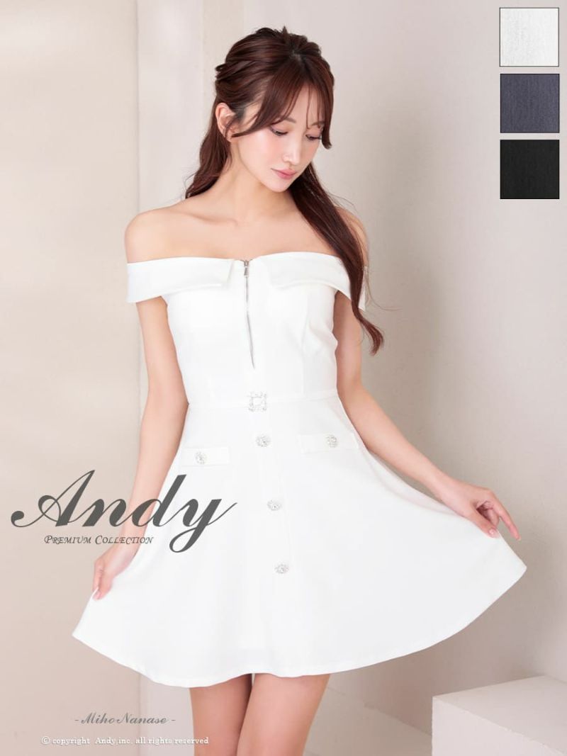 キャバドレス Andy アンディ オフショルダー ジップ 襟付き ウエストベルト ワンカラー フレアミニドレス