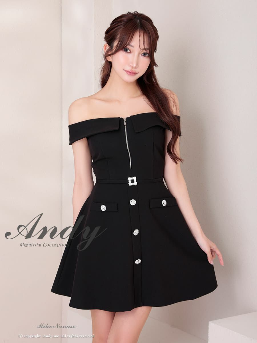 キャバドレス Andy アンディ オフショルダー ジップ 襟付き ウエストベルト ワンカラー フレアミニドレス