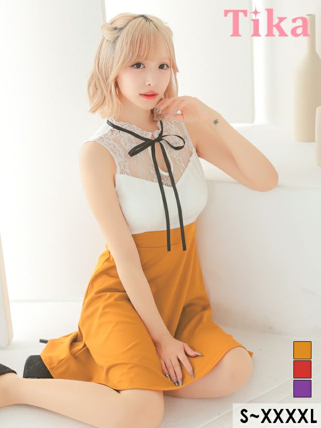 ハイネック フラワーレース ネックリボン ノースリーブ バイカラー 切り替え フレアミニドレス (Sサイズ〜 XXXXLサイズ) (重川茉弥/キャバドレス着用)
