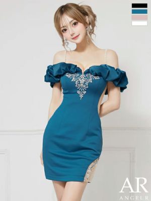予約商品【7月下旬入荷予定】[Angel-R/エンジェルアール] 高級 サテン オフショルダー ビジュー刺繍 くびれ タイトミニドレス