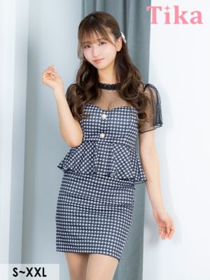 シースルー 千鳥格子柄 ペプラム 半袖 タイ...