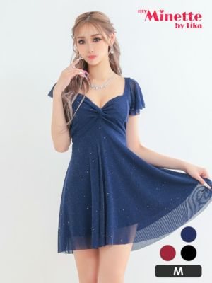 背中魅せ ラメ フロントギャザー入り フリル袖 半袖 フレアミニドレス (あおぽん着用)