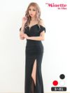 キャバドレス myMinette マイミネット 肩あき 袖リボン バスト シースルー ワンカラー サイドスリット マーメイドロングドレス