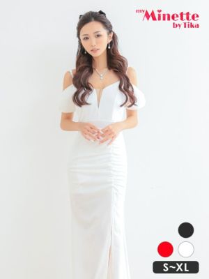 肩あき 袖リボン バスト シースルー ワンカラー サイドスリット マーメイドロングドレス (Sサイズ～XLサイズ) (れいたぴ/キャバドレス着用) [myMinette/マイミネット]