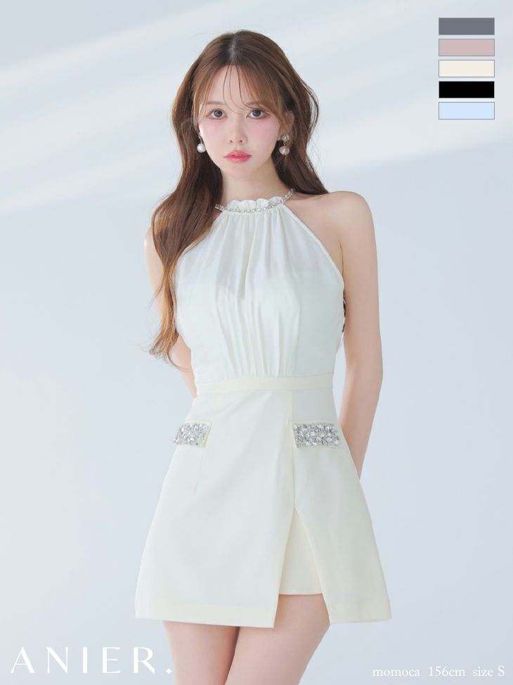 キャバドレス ミニドレス anier.ROBE アニエルローブ 高級 ホルターネック サテン バストシースルー ビジュー スリット 背中魅せ タイトミニドレス