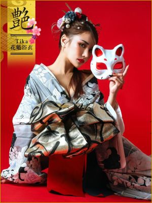 花魁浴衣] 2way 縦縞 モノトーン 薔薇 5点セット (ゆかた・下駄・平帯