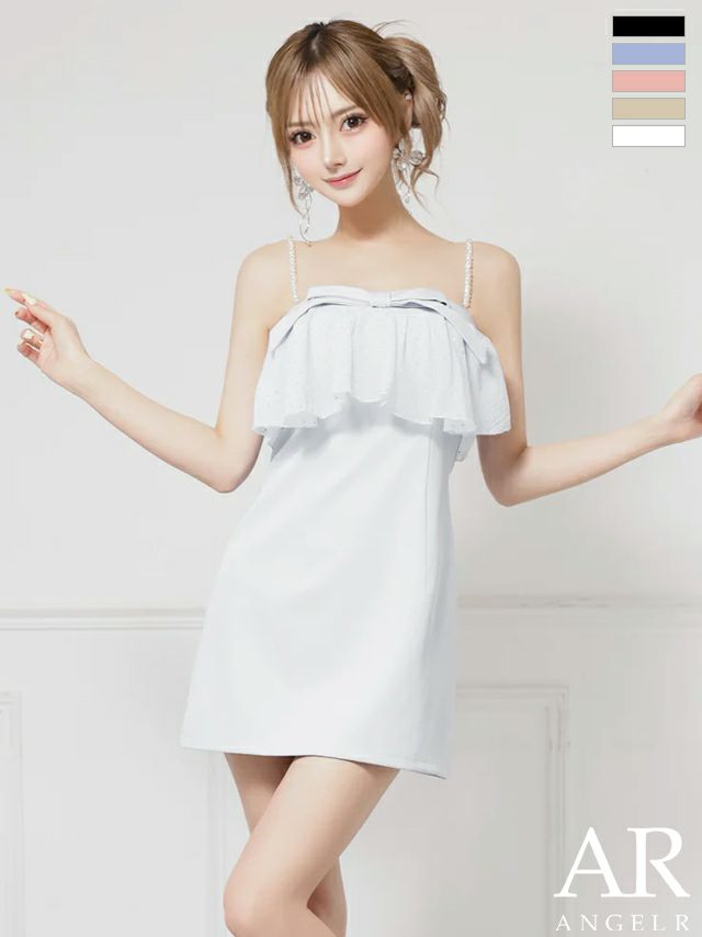 キャバドレス ミニドレス Angel-R エンジェルアール 高級 2way ベアトップ キャミソール パールチェーン フリル リボン ビジュー フレアミニドレス