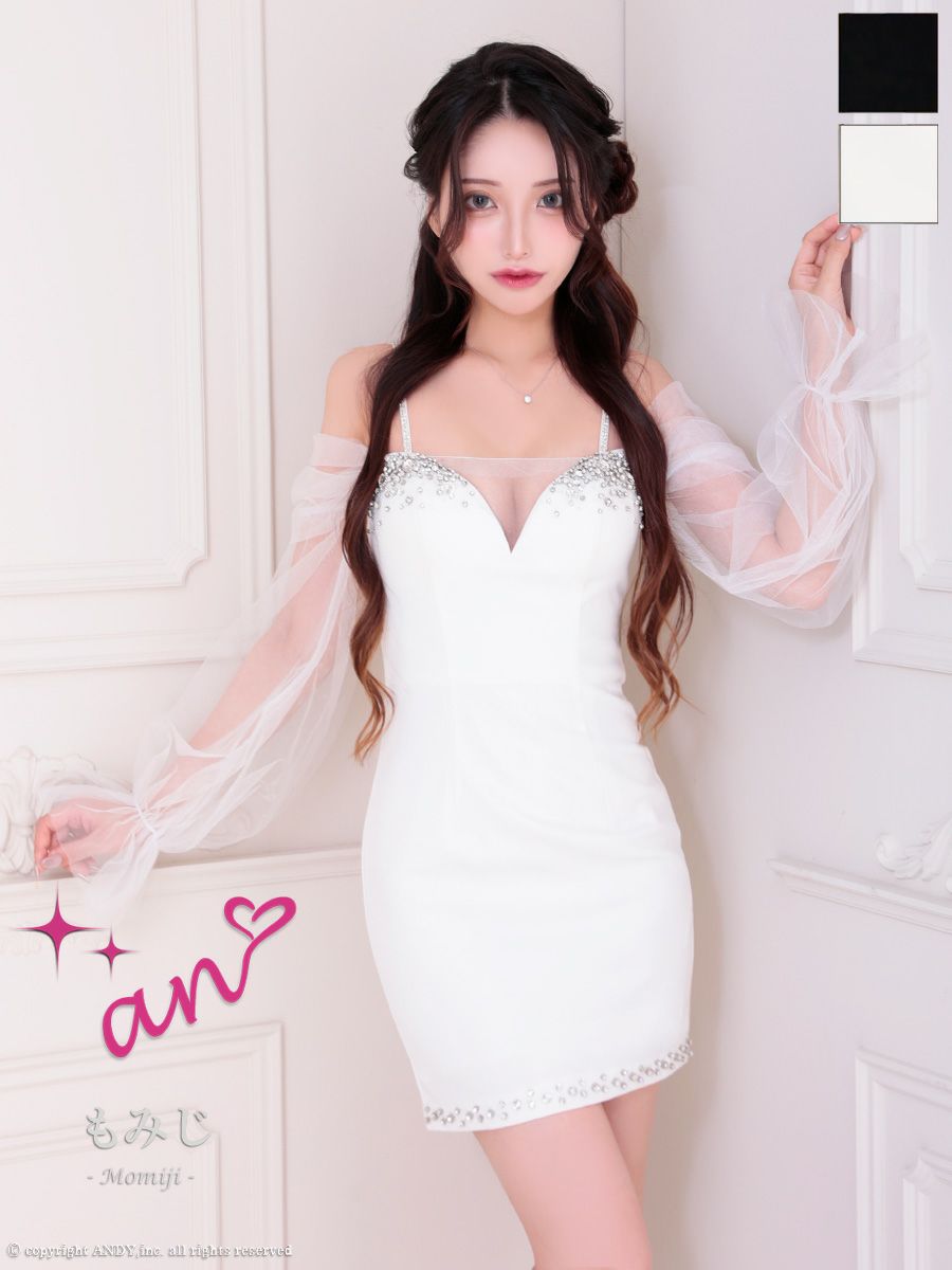 キャバドレス an アンキャミソール ビジュー バストシースルー 長袖 谷間魅せ タイトミニドレス