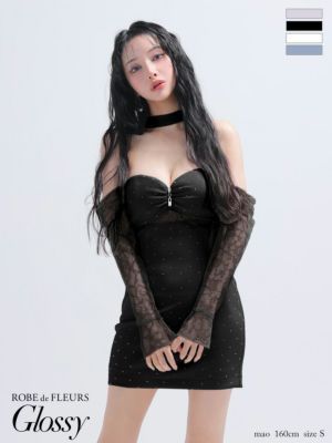 [ROBEdeFLEURSGlossy/ローブドフルールグロッシー] 高級 ベア チョーカーネック 長袖 レース 谷間魅せ くびれ タイトミニドレス
